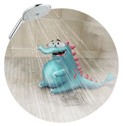 économiser l'eau sous la douche avec Gaspillosaure